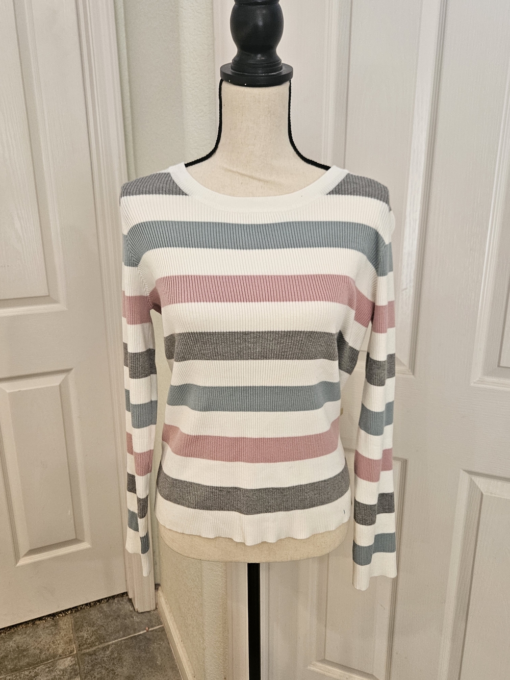 Pink Lily Striped Knit Long Sleeve Sweater in White, Dusty Pink, Gray, Blue